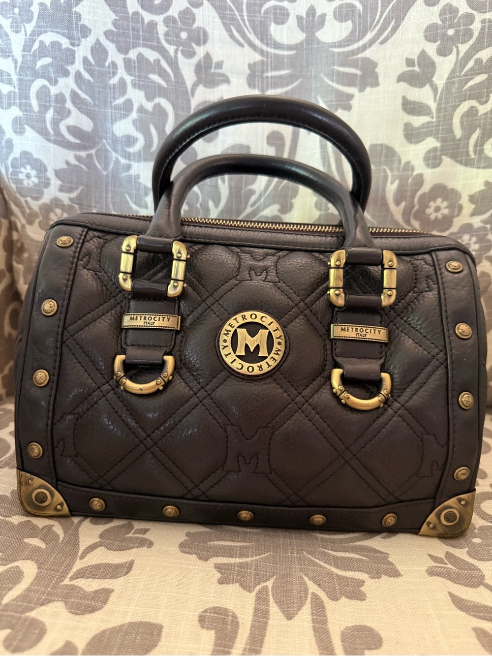 MetroCity Black Quilted Leather 25cm Satchel with Gold Hardware